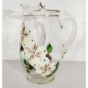 Vtg Art Glass Pitcher Hand Painted Floral Flowers White Brown MCM 9in
